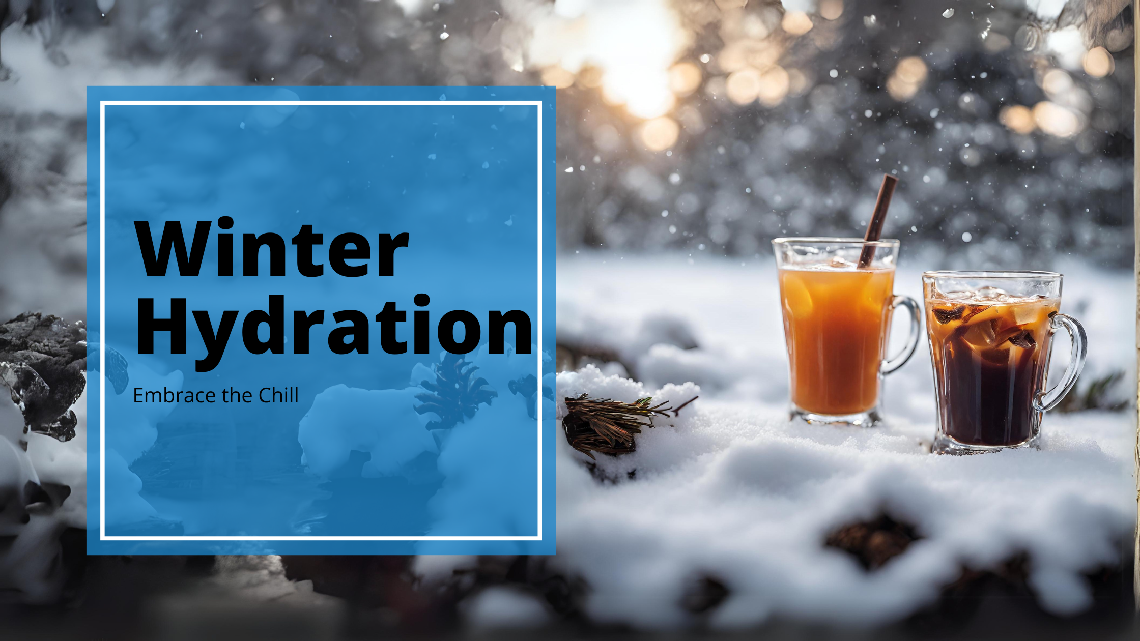 Two glass mugs filled with beverages sit on a log in the snow. There is a box with words that reads "Winter Hydration, Embrace the Chill"